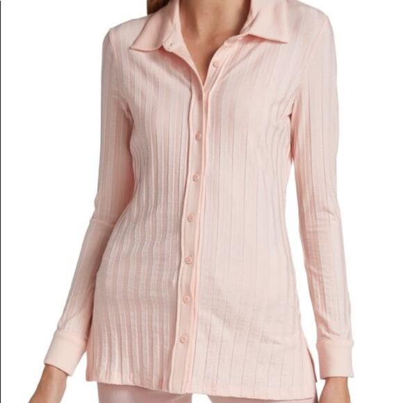 FLAWED JONATHAN SIMKHAI STANDARD Cal Compact Rib-Knit Polo Shirt Rosebud Small - Picture 1 of 8